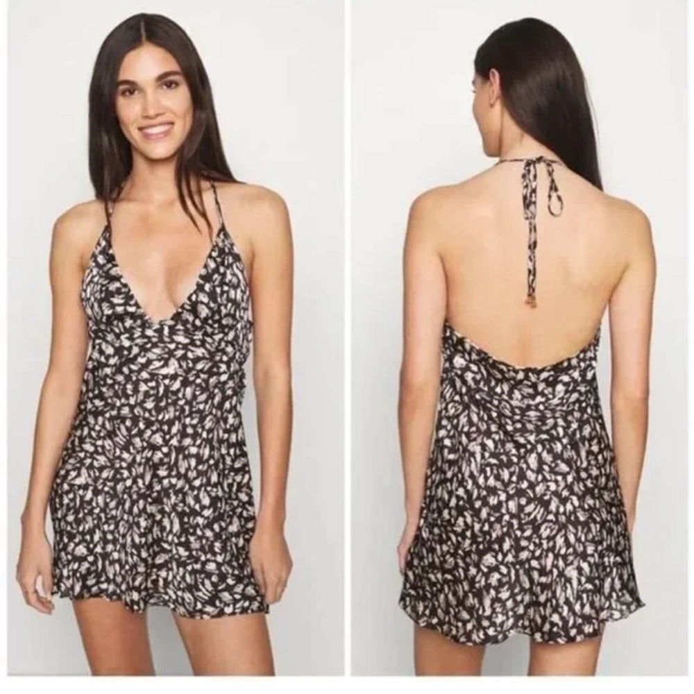 Free People Hang on Halter Printed Black Abstract Slip Dress Y2K Boho Fairycore
